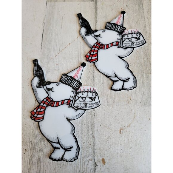 Vintage Coca-Cola polar bear 10th birthday badger chapter ornament Xmas set - Picture 1 of 7